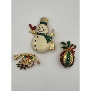 Lot of 3 Christmas Holiday Brooches Snowman French Horn Ornament